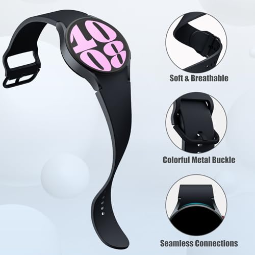 Maledan No Gap Bands Compatible with Samsung Galaxy Watch 4 5 6 7 FE Band 40mm 44mm Women Men, 20mm Soft Silicone Wrist Bands Replacement Bracelet for Galaxy Watch 5 Pro/6 Classic/4 Classic, Black