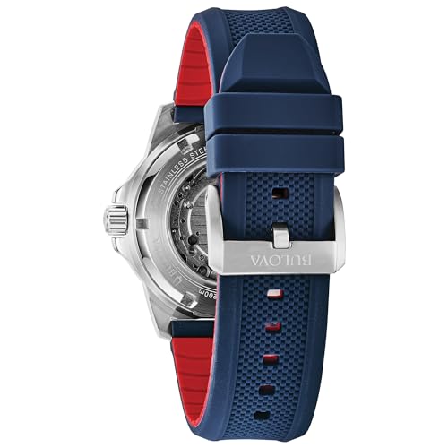 Bulova Men's Marine Star 'Series A' Automatic Stainless Steel Case with Blue Textured Silicone Strap, Open Aperture, Silver White Dial Model: 98A225