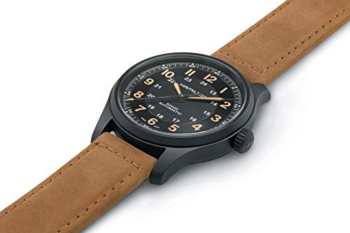 Hamilton Khaki Field Titanium Automatic Men's Watch, 42mm Titanium Case, Swiss Made, Black Dial Analog Wrist Watch for Men, 100m Waterproof, Sapphire Crystal, 3-Hand Movement, Cow Leather Strap
