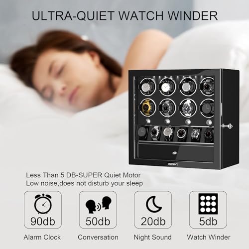 DUKWIN Watch Winder for 8 Automatic Watches,Lockable Watch Winders with Watch Holder and Jewelry Storage, Super Quiet Mabuchi Motor with High-Gloss Piano Lacquer Finish,Built-in Illumination-Black