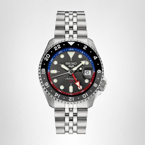 SEIKO SSK019 Automatic Watch for Men - 5 Sports Collection - Men's Sport Watch, Stainless Steel, Charcoal Dial, GMT Hand - Water-Resistant 100M