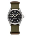 Hamilton Khaki Field Mechanical Mens Watch, 40mm Stainless Steel Case, Swiss Made, Black Dial Analog Wrist Watch for Mens 100 Meters Water resitance, Sapphire Crystal, 3-Hand Movement, NATO Strap