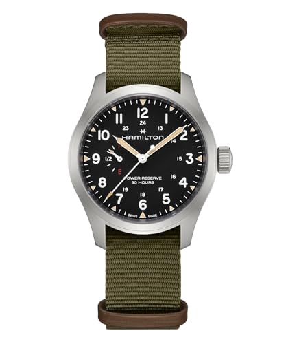 Hamilton Khaki Field Mechanical Mens Watch, 40mm Stainless Steel Case, Swiss Made, Black Dial Analog Wrist Watch for Mens 100 Meters Water resitance, Sapphire Crystal, 3-Hand Movement, NATO Strap