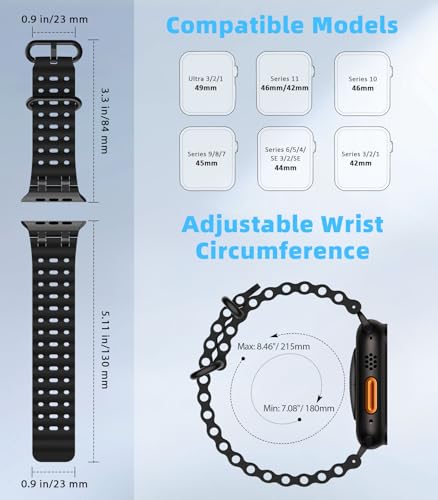 MoKo Ocean Band Compatible with Apple Watch Ultra 3/2/1 49mm, Upgraded Silicone Sports Bands 46mm 45mm 44mm for Men Women, Series 11/10/9/8/7/6/5 SE3/2/1 Breathable Strap with Metal Connector, A-Bk/Bk