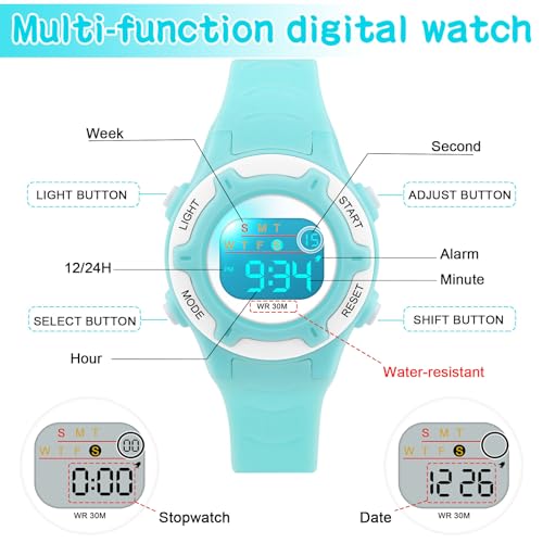 DTKID Digital Kids Watch 30 M Waterproof, 7 Color Lights Time Teaching Watch Easy to Read for Girls Boys 5-16