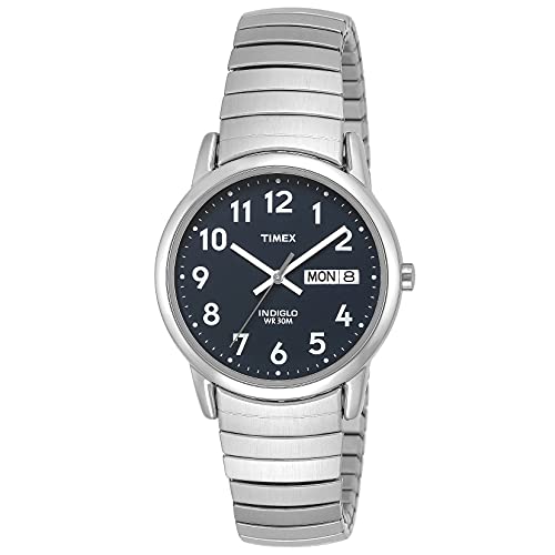 Timex Men's Easy Reader 35mm Day-Date Watch – Silver-Tone Case Blue Dial with Silver-Tone Expansion Band