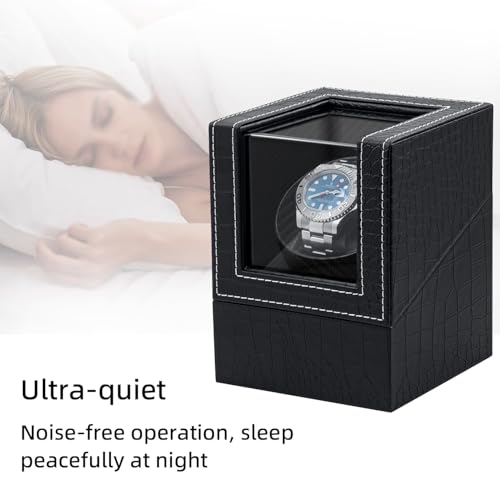 Mcbazel Single Watch Winder, Ultra Quiet Japanese Motor Automatic Watch Winder Box with Multiple Rotation Modes, Premium Watch Winder for Automatic Watches (AC/ Battery Powered) - Black with Crocodile Pattern