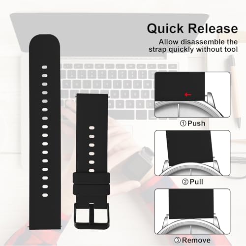 Giantree Silicone Watch Bands, Quick Release Waterproof Soft Rubber Replacement Straps with Silver Plated Stainless Steel Buckle Compatible with Smart Watch Sport Watch for Men Women (22mm, Black)