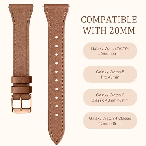 GEAK Slim Leather Band Compatible with Galaxy Watch 7 Band/6 5 4 FE 40mm 44mm/5 pro 45mm/Classic/Galaxy Active 2, 20mm Genuine Leather Strap with Quick Release Buckle for Samsung Watch Bands Women
