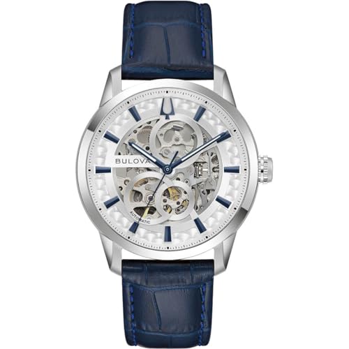 Bulova Sutton Automatic Skeleton Dial Blue Leather Strap Watch 40mm - 96A330