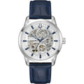 Bulova Sutton Automatic Skeleton Dial Blue Leather Strap Watch 40mm - 96A330