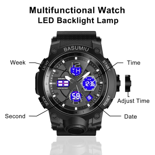 BASUMIU Military Dive Tactical Digital Man Watches for Men Nice Luxury Waterproof Diver Mens Watches Work Black Sports (C-Black)