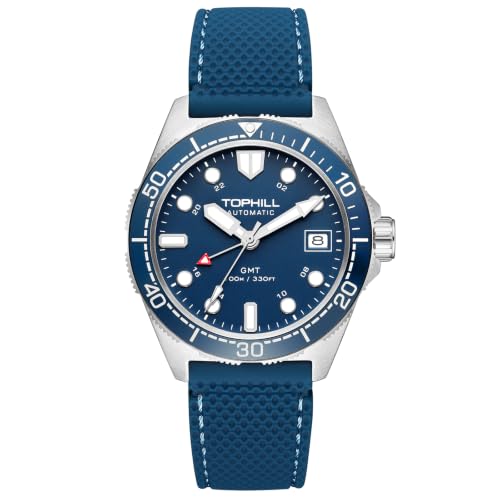 TOPHILL Mens Watches GMT Automatic Dive Watch|39.5mm 316L Steel Dive Watch|NH34 Movement|Sapphire Crystal|Ceramic Bezel|10ATM Water Resistant|BGW9 Luminous Rubber Strap Watch for Men (TD011G.G1358-02)