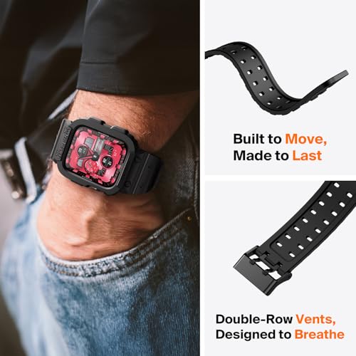 amBand Compatible with Apple Watch Series 9/8/7/SE (3/2/1)/6/5/4/3 Band for Men 45mm 44mm 42mm Case, Rugged Sport Strap for iWatch 45/44 mm Military Protective Cover Bumper Drop-Proof, Matte Black