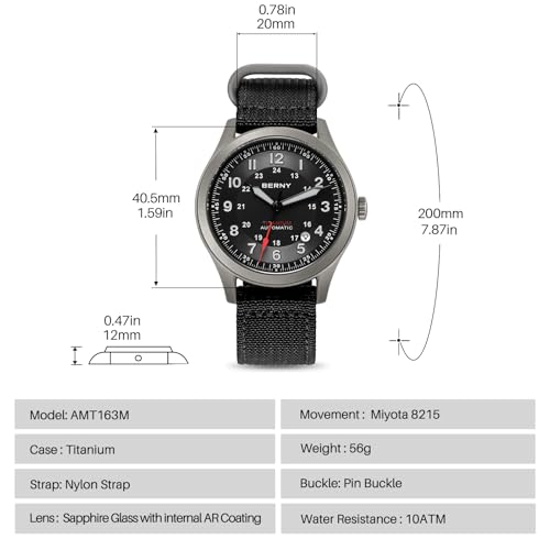 BERNY Automatic Titanium Watch for Men 10ATM Waterproof Men's Field Watch Super Luminous Male Analog Mechanical Military Wrist Watch AR Sapphire Crystal Date Calendar Birthday Present