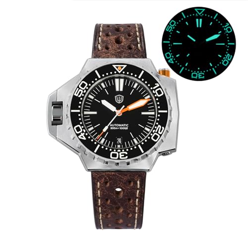 watchdives WD1968 PT5000 Automatic Dive Watch for Men, Black Dial Date Window Sapphire Crystal Watch, 300M Water Resistant Full Lume Ceramic Bezel BGW9 Luminous Leather Strap Watch