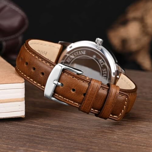 WOCCI 18mm Watch Band for Men and Women, Genuine Leather - Top Grain Leather, Quick Release Strap, Silver Buckle (Golden Brown)