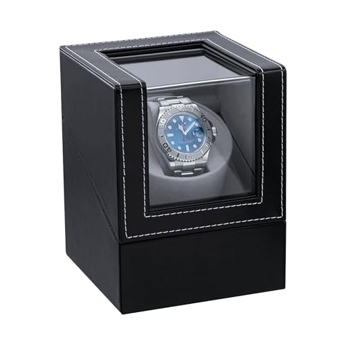 Mcbazel Single Watch Winder, Ultra Quiet Japanese Motor Automatic Watch Winder Box with Multiple Rotation Modes, Premium Watch Winder for Automatic Watches (AC/ Battery Powered) - Black with PU Leather