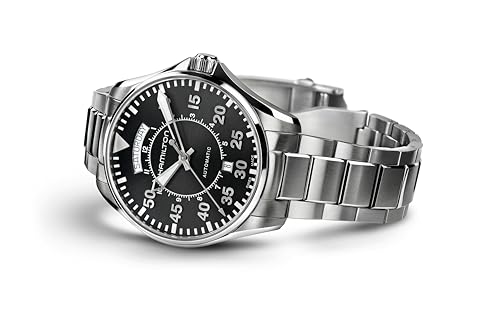 Hamilton Khaki Aviation Automatic Men's Watch, 42mm Stainless Steel Case, Swiss Made, Black Dial Analog Wrist Watch for Men, 100m Waterproof, Sapphire Crystal, Stainless Steel Strap