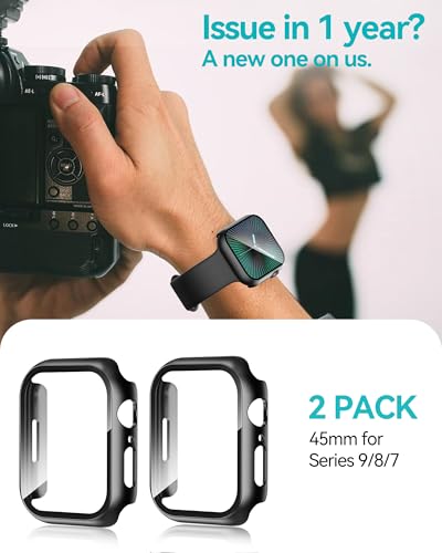Smiling 2 Pack Case Compatible with Apple Watch Series 9 (2023)/Series 8 /Series 7 45mm with Tempered Glass Screen Protector, Hard PC Overall Protective Cover- Black