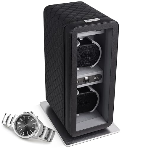 Heiden Monaco Double Watch Winder in Black Leather - Battery Powered or AC Adapter, 12 Program Settings, Diamond Stitched Vegan Leather, Soft Linen Interior, Large Interior Space for Large Watches