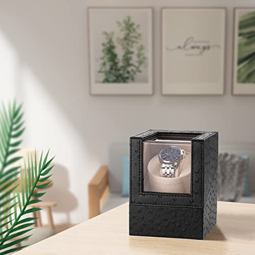 Efaithtek Automatic Single Watch Winder in Black Ostrich Pattern Leather with Japanese Quiet Motor，AC Adapter or Battery Powered