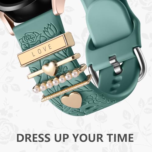 DaQin Flower Engraved Band Compatible with Samsung Galaxy Watch 7 Band/FE 6 5 4 40mm 44mm,Galaxy Active 2, 20mm Watch Band Soft Silicone Replacement Strap with Decorative Charms Accessories Women