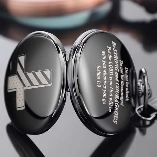 Tiong Bible Verse Pocket Watch Vintage Quartz Pocket Watches Cross American Flag Pattern with Chain Christmas Graduation Birthday Gifts Father's Day
