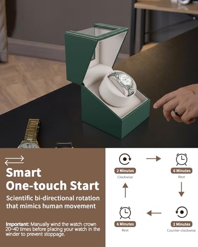 UnaMela Watch Winder for Automatic Watches: Automatic Single Watch Winder Box in Green PU Leather with Japanese Quiet Motor USB Powered - Gift for Men & Women
