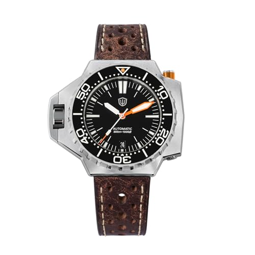 watchdives WD1968 PT5000 Automatic Dive Watch for Men, Black Dial Date Window Sapphire Crystal Watch, 300M Water Resistant Full Lume Ceramic Bezel BGW9 Luminous Leather Strap Watch