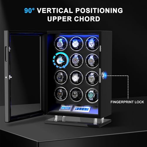 DUKWIN Watch Winder for 12 Automatic Watches, Fingerprint Lock Watch Winders with LCD Touchscreen, Blue LED Light, Remote Control,Adjustable Pillow and Quiet Motor for Universal Watches, 5TPD
