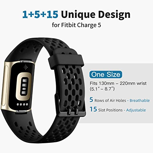 Getino Compatible with Fitbit Charge 6 Bands/Charge 5 Bands for Women Men, Soft Breathable Replacement Sport Strap Adjustable Wristbands for Fitbit Charge 6/ Charge 5 Advanced Fitness Tracker, Black