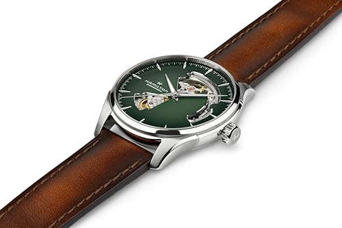 Hamilton Jazzmaster Open Heart Automatic Men's Watch, 40mm Stainless Steel Case, Swiss Made, Green Dial Analog Wrist Watch, 50m Waterproof, Sapphire Crystal, 3-Hand Movement, Cow Leather Strap