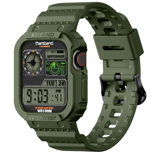 amBand Compatible for Apple Watch Band 41mm 40mm 38mm with Bumper Case, Rugged Men Women Bands for iWatch SE 3 SE2nd SE Series 9 8 7 6 5 4 3 2 1, Sport Military Protective Cases Drop-Proof, Green