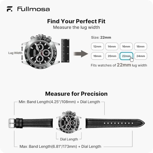 Fullmosa Watch Band, Quick Release Leather Watch Strap Compatible with Samsung Galaxy Garmin for Men Women, Replacement Bands Width 12mm 14mm 16mm 18mm 19mm 20mm 21mm 22mm 24mm