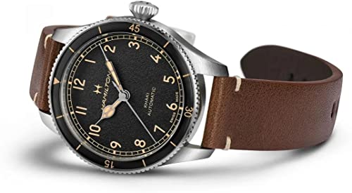Hamilton Khaki Aviation Automatic Men's Watch, 38mm Stainless Steel Case, Swiss Made, Black Dial Analog Wrist Watch for Men, 100m Waterproof, Sapphire Crystal, 3-Hand Movement, Cow Leather Strap