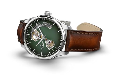Hamilton Jazzmaster Open Heart Automatic Men's Watch, 40mm Stainless Steel Case, Swiss Made, Green Dial Analog Wrist Watch, 50m Waterproof, Sapphire Crystal, 3-Hand Movement, Cow Leather Strap