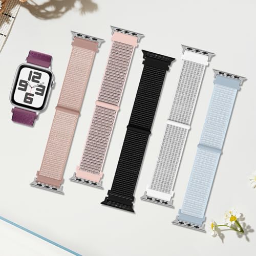 ONFNZ 6 Pack Nylon Sport Loop Band for Women & Men, Soft Adjustable Replacement Straps for iWatch Series 11 & 10, Plum/Rose Pink/Light Pink/Black/Shimmering White/Blue Cloud, 38/40/41/42 mm