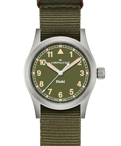 Hamilton Khaki Field Khaki Quartz Men's Watch, 33mm Stainless Steel Case, Swiss Made, Green Dial Analog Wrist Watch for Men, 50m Waterproof, Sapphire Crystal, Textile Strap