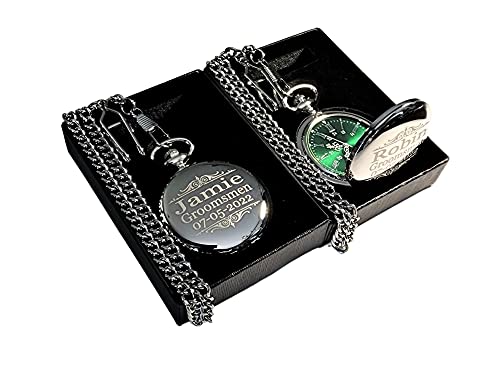 1 Engraved Pocket Watch - Comes with Fitted Custom Box, Chain and Engraving - Green dial with Silver Roman Numerals - Personalized Wedding Gifts (Rose Gold)