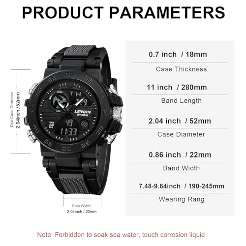 LN LENQIN Mens Watches Digital Military Watch for Men Stopwatch Army Survival Tactical Sports Outdoor Big Face Waterproof Men's Wrist Watches with LED Backlight/Timer/Alarm/Date (Black)