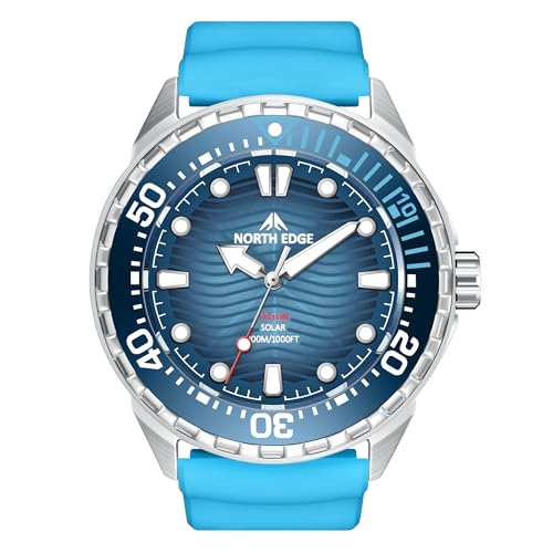 NORTH EDGE Triton Solar Dive Watch, 300M, Blue Silicone Strap