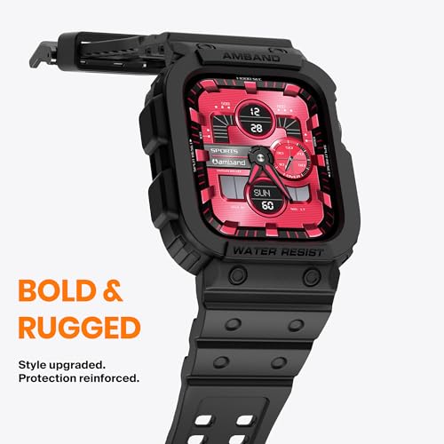 amBand Compatible with Apple Watch Series 9/8/7/SE (3/2/1)/6/5/4/3 Band for Men 45mm 44mm 42mm Case, Rugged Sport Strap for iWatch 45/44 mm Military Protective Cover Bumper Drop-Proof, Matte Black
