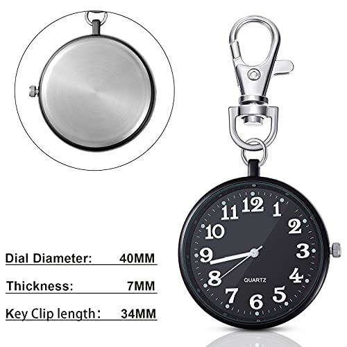 Junkin 2 Pieces Quartz Pocket Watch with Key Buckle Round Keychain Clip on Watch Portable Unisex(Black)