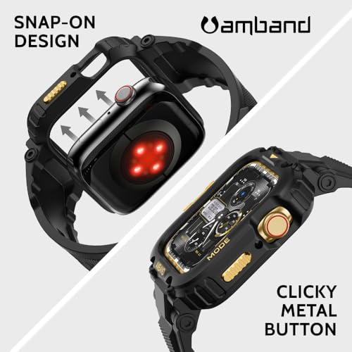 amBand Bands Compatible with Apple Watch 9/8/7 45mm, M1 Sport Series Rugged Case Protective Cover for iWatch 6/SE (3/2/1)/5/4/3 44mm Black Gold