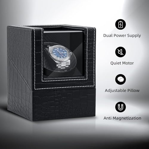 Mcbazel Single Watch Winder, Ultra Quiet Japanese Motor Automatic Watch Winder Box with Multiple Rotation Modes, Premium Watch Winder for Automatic Watches (AC/ Battery Powered) - Black with Crocodile Pattern