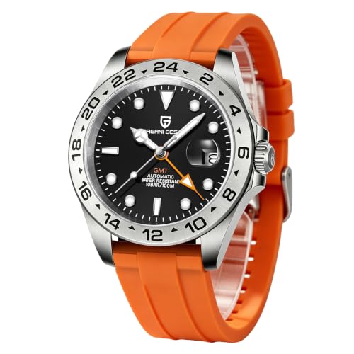 CEYADG Pagani Design Watches for Men Automatic Mechanical GMT Watch Analog Sapphire Glass Stainless Steel Sport Waterproof Luminous Men's Wrist Watches (Orange Strap Black Dial)