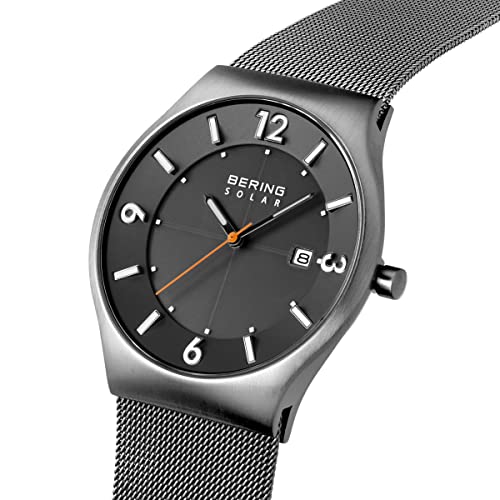 Bering Men's Solar Watch, 40 mm Stainless-Steel Case and Dial, Milanese Strap, Sapphire Crystal, 5 ATM, 14440, Grey/Silver, 40, 14440-077