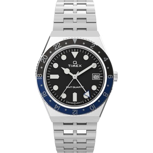 Timex Men's Q GMT 38mm Watch - Black Dial Blue Accent