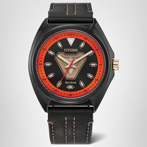 CITIZEN Men's Eco-Drive Marvel Tony Stark 63 Black Ion Plated Watch with Black Leather Strap, 3 Hand, Luminous, 43mm (Model: AW2075-05W)